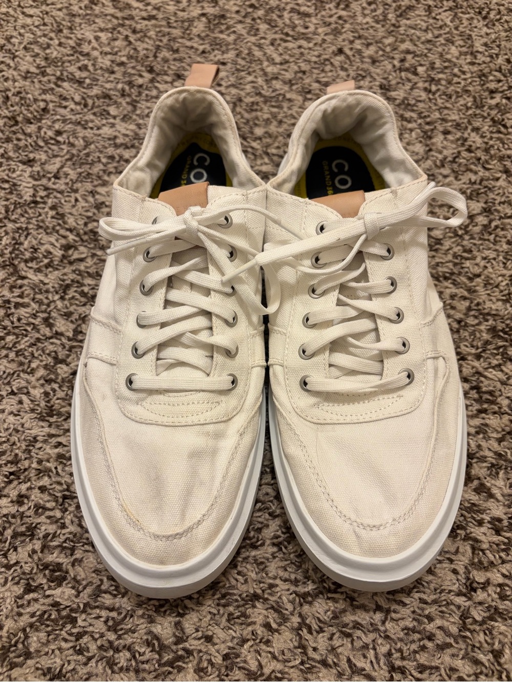 Cole Haan Off-White Canvas Lace-Up Sneakers with Tan Heel Tab